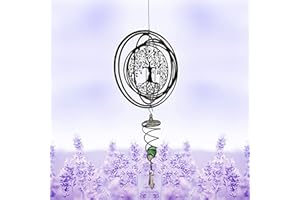 LIKEUDO 3D Metal Wind Hanging Spinner, Sun Spiral Wind Chimes, Wind Sculptures Hanging with Gazing Ball Spiral Tail, Stainless Steel 360 Degrees Spin Decor for Indoor Outdoor Garden (Tree of life 15cm)
