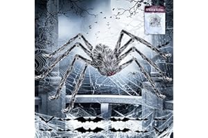 FFTANXS Halloween Deko Outdoor Groß Spinne, 200 cm Halloween Spinnen deko Set mit 60g Spinnenbaumwolle&12 Fledermäuse &10 Spinne, Horror Deko Garten Riesen spinne Halloween, für Garten, Party (Schwarz & Weiß)