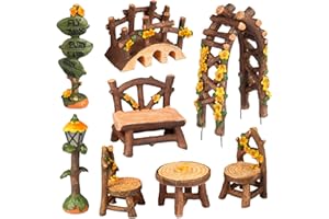 Hakkin Fairy Garden Ornaments 8Pcs Miniature Fairy Garden Accessories Waterproof Resin Garden Statue Outdoor Miniature Fairy Furniture Fairy Village Street Signs Lights Bridge Arch for Dollhouse Decor