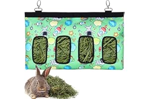 LENPESTIA Rabbit Hay Bag Guinea Pig Feeding Station Feeder Small Animals Hay Bag Feeding Bag for Rabbit Chinchilla Hamster Small Animals (4 Windows, Green Pattern)