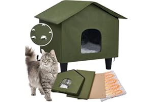 Papettly Outdoor Cat House with Self-Heating Mat, Elevated Base Heated Cat House Outdoor Cat Shelter with 2 Escape Door, 2 Ground Nails for Outdoor Cat, Feral Cat, Small Dog, 46 * 41 * 45cm