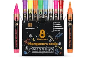 welsberg Marqueurs à Craie Liquide Effaçables, Paquet de 8 Stylos à Craie pour Tableaux Noirs et Blancs, Fenêtre, Verre, à encre effaçable, Pointe Réversible de 5mm - pour l'école, bureau, maison
