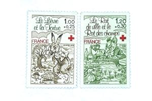 TIMBRE FRANCE 1978. Paire d' Authentiques Timbres de France de Collection Neufs. N°2024 et 2025, Croix Rouge. Fables de La Fontaine: Lapin et Rat . par des Livres Express