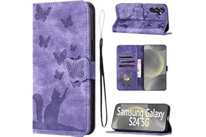 LSPCASA Phone Case For Samsung Galaxy S24 Premium PU Leather Material Samsung Galaxy S24 Case With Card Slots Cat Butterfly Pattern Samsung Galaxy S24 Cover Purple