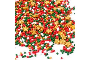 BAYEP Décors Sucrés Noël 130g - Nonpareils Rouge, Vert, Blanc et Étoiles Dorées - Décoration Alimentaire Comestible pour Gâteaux, Biscuits et Desserts Festifs