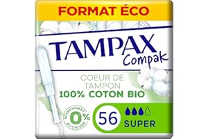 Tampax Compak Cotton Protection, Super, 56 Tampons Avec Applicateur en Plastique Végétal, Flux Moyens à Abondants, Coeur de Tampon En Coton Biologique