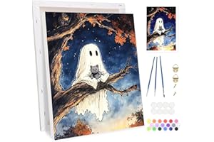 Bowetile Fantôme et Chat Halloween Peinture par Numéros pour Adultes, Kit Peinture Numero Adulte Débutants Kit Toile avec Chevalet en Bois, DIY Peinture Acrylique pour Décoration 20x30cm