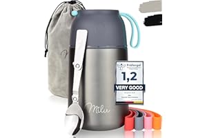 Milu Boîtes Alimentaires Isothermes 450ml I 650ml I 800ml, Boîte Isotherme Repas Chaud Porte-Aliments en Acier Inoxydable à Double Couche, Cuillère Pliante pour Ecole, Bureau (650ml/Gris)