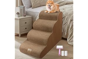 MIDOUAUTOUK Dog Steps for High Bed Sofa, 4-Steps Dog Stairs, Dog Ramps for Small Large Dogs Non-Slip Pet Sofa Foam Ladder with Washable & Zippered Cover for Injured Dogs Cats Brown 15.8*28.4*19.7” Lint Roller