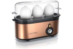 Arendo - Cuiseur à oeufs en acier inoxydable Threecook, Egg cooker 1-3 oeufs, Dur, Mollet ou à la Coque, Verre doseur avec Perce, Indicateur Lumineux, 210W, Base anti-dérapante, sans BPA, certifié GS