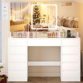 YUNSCEND Dressing Table with 3 Folding Mirrors and Light, Glass Surface | Makeup Vanity with Electric Plug, 11 Drawers 12 She