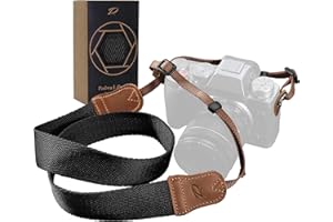 PADWA LIFESTYLE Black Camera Strap - Double Layer top-grain Cowhide Ends,1.5"Wide Pure Cotton Woven Camera Strap,Adjustable Universal Neck & Shoulder Strap for All DSLR Cameras,Great Gift for Photographers