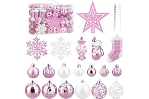 ‎SOLEDI SOLEDI® 128er Set Premium Weihnachtskugeln Kunststoff Rosa Weiß mit Baumspitze Stern - Robuste und Sichere Christbaumschmuck Set mit Aufhängen - Christbaumkugeln Bunt, Mehrweg Weihnachtsdeko
