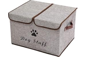 Pethiy Large Linen Fabric Storage Box with Lid for Dogs Accessories Foldable Double Grid Storage Basket with Handles for Dog Toys Dog Clothing 43 x 31 x 26 cm (Grey)