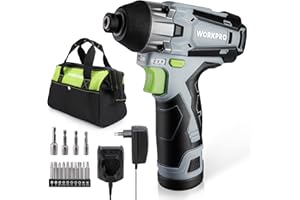 WORKPRO Akumulatorowa wkrętarka udarowa, 1/4" sześciokątna elektryczna wkrętarka udarowa z akumulatorem 12 V 2,0 Ah, szybkie ładowanie 1 godzina, zmienna prędkość, 14 akcesoriów i torba narzędziowa