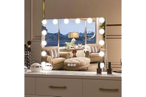 CASSILANDO Vanity Mirror with Lights, Hollywood Makeup Mirror with 14 LED Bulbs, 3 Color Modes, Vanity Lighted Mirror for Bedroom, Detachable 10X Spot Mirror, Tabletop or Wall-Mounted, 50x40cm