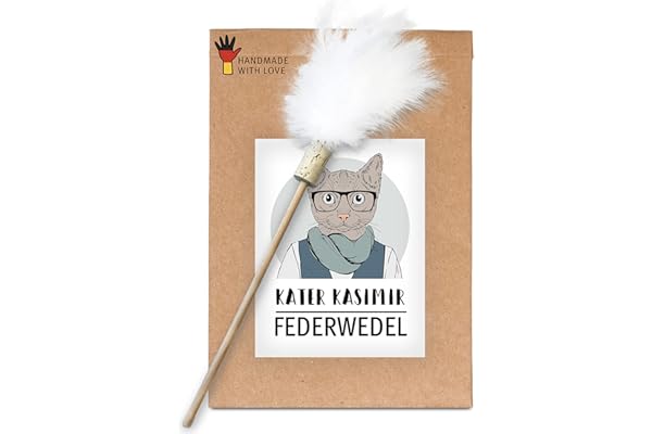 Kater Kasimir Panier à plumes de qualité supérieure - Jouet durable pour chat fabriqué à la main en Allemagne avec amour - Avec bâton en bois de hêtre et véritables plumes naturelles, canne à chat