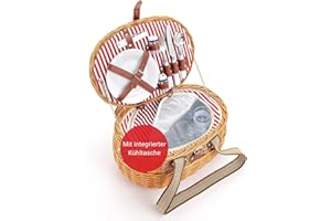 ‎WOMA WOMA Picknickkorb rot weiß gestreift für 4 Personen I Geflochtener Weidenkorb mit Besteck, Geschirr & Weingläsern für Fahrrad & Auto I Moderner Picknickkorb mit Tragegriff & Kühlfach