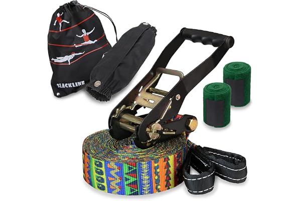 ALPIDEX Slackline Set 15 m + Protections pour Arbre et Protection cliquet, Convient aux Enfants, débutants et avancés