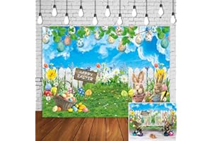 BINQOO Fotografie-Hintergrund mit blauem Himmel, Frohe Ostern, Hase, bunte Eier, Holzzaun, Garten, Gras, Rasen, Hintergrund, Kinder, Osterparty, Dekoration