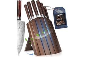 SYOKAMI Knife Set 7 Piece Japanese Style Kitchen Knives Sets with Foldable Magnetic Acacia Wood Block Sharp High Carbon Stainless Steel for Kitchen with Anti-Slip Ergonomic Handle