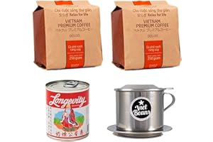 ‎VIETBEANS Vietnamesisches Kaffee Starterset Hello5-2 x 250g + Filter (Phin) + gez. Kondensmilch - Hochwertige Kaffeebohnen aus dem Hochland von Da Lat Vietnam