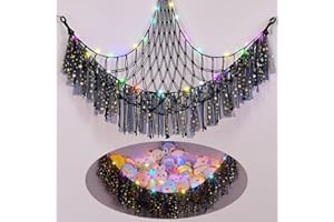 MHJY Hamaca de juguete, red de almacenamiento de animales de peluche, red grande para colgar en la esquina con luz LED, organizador de macramé de felpa tejida a mano con borla para dormitorio de