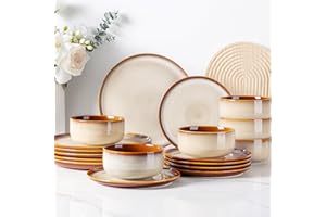 LeRatio Dinner Set for 6, 18 Piece Stoneware Plates and Bowls Set, Chip & Scratch Resistant Reactive Glazed Dinnerware Set, Dishwasher & Microwave Safe Crockery Set (Cappuccino, Service for 6)