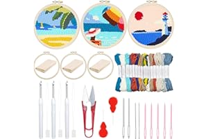 Woohome 3 Stück Punch Needle Anfänger Stickerei Set, Punch Needle Stoff mit Muster, Stickrahmen, Fäden, Anleitung für Kunsthandwerk (Leuchttürme, Segelboote, Blauer Himmel)