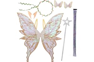 HarnyLoom Feenflügel Erwachsene Kinder Kostüm Feen Flügel Damen Mädchen mit Elfenöhren Blumenkranz Haarnadel Haarsträhnen Engel Flügel für Halloween Karneval Cosplay (Gold)