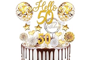 SUPRELUCK Tortendeko 50 Geburtstag Mann Frau, 20 Pcs Gold Kuchen Deko 50. Geburtstag, "Hello 50" Torten Deko mit Geburtstagskerzen, für 50 Geburtstag Deko Cake Decoration