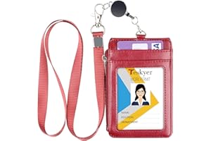 Teskyer Porta Tarjetas Identificativas, con Cordón Retráctil, Cordón de Nylon, Cuero PU, con Bolsillo de Cremallera, 4 Ranuras Para Tarjetas, Rojo