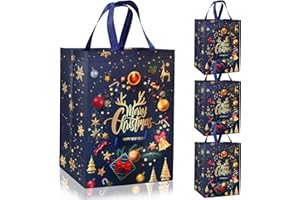 ADQUATOR Christmas Tote Bags - 4 Pack Large Christmas Bags with Handle Non-woven Fabric Gift Present Bag,Black and Gold Reusable Xmas Shopping Bag for Holiday Party