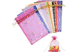 Chostky 200 sztuk woreczków na prezent z organzy, 10 x 15 cm, woreczek na biżuterię z motywem księżyca, gwiazdy, ze sznurkiem, małe torebki na wesele, Boże Narodzenie, imprezę, słodycze, prezent (różne kolory)