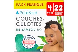 PureBorn 22 Couches Culottes Taille 4 (9-15 kg), Ultra-Absorbantes, Hypoallergéniques, Couches Culottes douces pour Bébé, Testées Dermatologiquement, Anti-fuites en Bambou Naturel