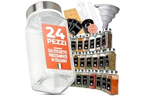 comforder – Barattoli Spezie per Cucina + 336 Etichette in Italiano e 2 Mulini – 24 Contenitori in Vetro da 120 ml (Bambù)