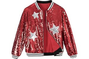 LOLANTA Girls Sequin Bomber Jacket with Pockets Zipper Long Sleeve Sparkle Baseball Jackets