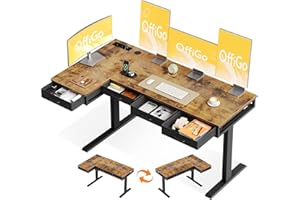 ‎OFFIGO OffiGo Eckschreibtisch Höhenverstellbar, 160x80 cm Höhenverstellbarer Schreibtisch mit 4 Schublade, Elektrischer Tisch L Form mit Steckdose für Büro und Arbeitszimmer, Groß Ecktisch Vintage Braun