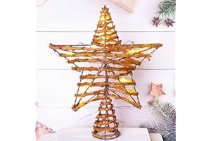 LAWOHO Christmas Tree Topper Star, Copa de árbol de ratán de 10 Pulgadas con 10 Luces Blancas cálidas, 3 Funciones con Temporizador, decoración de árbol para Navidad Festiva