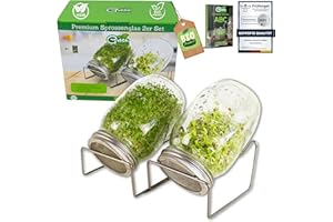 ‎GREEN SEEDS Green SEEDS Sprossenglas Keimglas 2er Set 1000ml mit hochwertigem Edelstahl-Gitterdeckel, Ständer + GRATIS Sprossen-ABC [Druckversion]