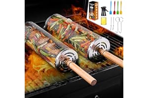 HIERBLA Rolling Grill Basket 2 PCS, 304 Stainless Steel Mesh, Removable Wooden Handle, Washable Reusable for Fish, Shrimp, Meat Vegetables - Portable Camping BBQ Accessories,Gift for Men Dad Husband