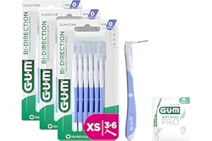 GUM BI-DIRECTION Cepillos interdentales con doble posición | Posicionamiento de 90 grados | limpieza de dientes y eliminación de placa | 0.6mm, ISO 0 | Tamaño XS | Paquete de 3x6 + 1 muestra gratis