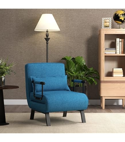 Fauteuil Chauffeuse Canapé-lit Convertible Inclinable 1 Place Grand Confort Coussin Lombaires Accoudoirs Pietement Metal Lin Gris Clair
