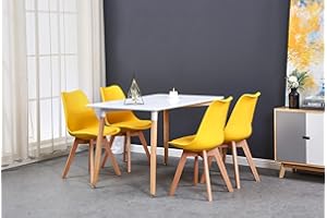GrandCA HOME Rechteckiger Esstisch mit 4 Esszimmerstühlen, geeignet für Esszimmer, Küche, Wohnzimmer, weißer Esstisch und gelbe Stühle