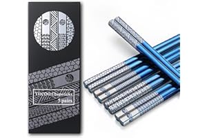 TIICOO Pałeczki ze stali nierdzewnej wielokrotnego użytku, stal szlachetna 18/8, grawerowane laserowo, tytan, nadają się do mycia w zmywarce, metalowe pałeczki, styl japoński, 5 par pałeczek, zestaw