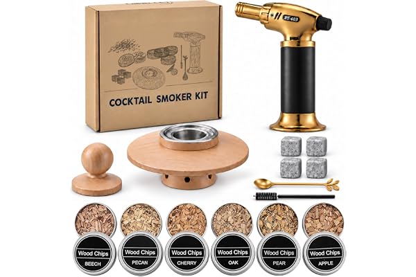 Jettory Cocktail Smoker Set – Rökare för Whisky med 6 Träsorter, Brännare och 4 Granit Whisky Stenar – Kit för Att Röka Cocktail & Sprit – Utan Butan