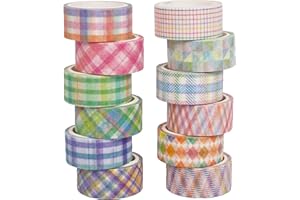 YUBX Basic Grid Washi Tape Set 12 Rolls Plaid Decorative Masking Tapes for Arts, DIY Crafts, Journals, Planners, Scrapbook, Wrapping (Colored)