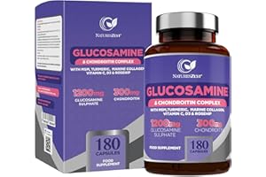 Glucosamine and Chondroitin High Strength Capsules - Glucosamine Complex with MSM – 180 Glucosamine Capsules - with Vitamin C, Rosehip, Turmeric Curcumin & Marine Collagen – UK Made by Natures Zest