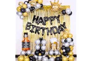 FUWANE Happy Birthday Decorations for Men, 99pcs Gold and Black Party Decorations for Men Women Boys Happy Birthday Banner Balloons with Gold Foil Fringe Curtains,Party Supplies for 30th 40th 50th 60th 70th