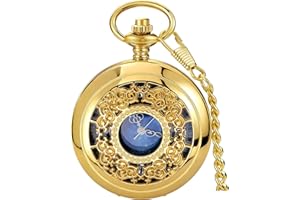 Tiong Quartz Pocket Watch Hollow Steampunk Blue Star Design Roman Numerals Pocket Watch with Chain Christmas Gifts